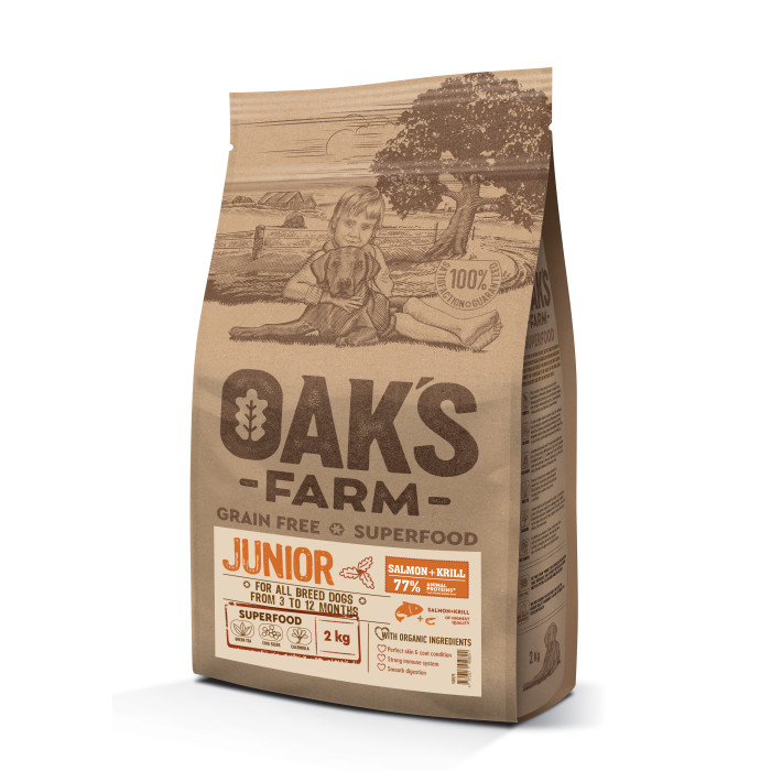 OAK'S FARM teraviljavaba kuivtoit igat tõugu noortele koertele, lõhe ja krilliga 