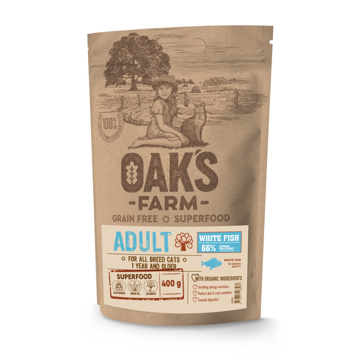 OAK'S FARM сухой беззерновой корм для взрослых кошек, с белой рыбой 