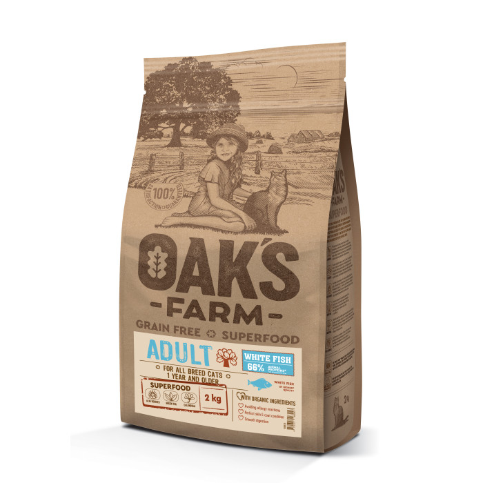 OAK'S FARM сухой беззерновой корм для взрослых кошек, с белой рыбой 