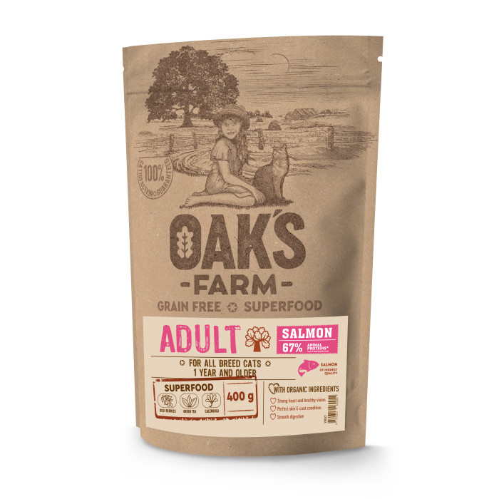 OAK'S FARM сухой беззерновой корм для взрослых кошек, с лососем 