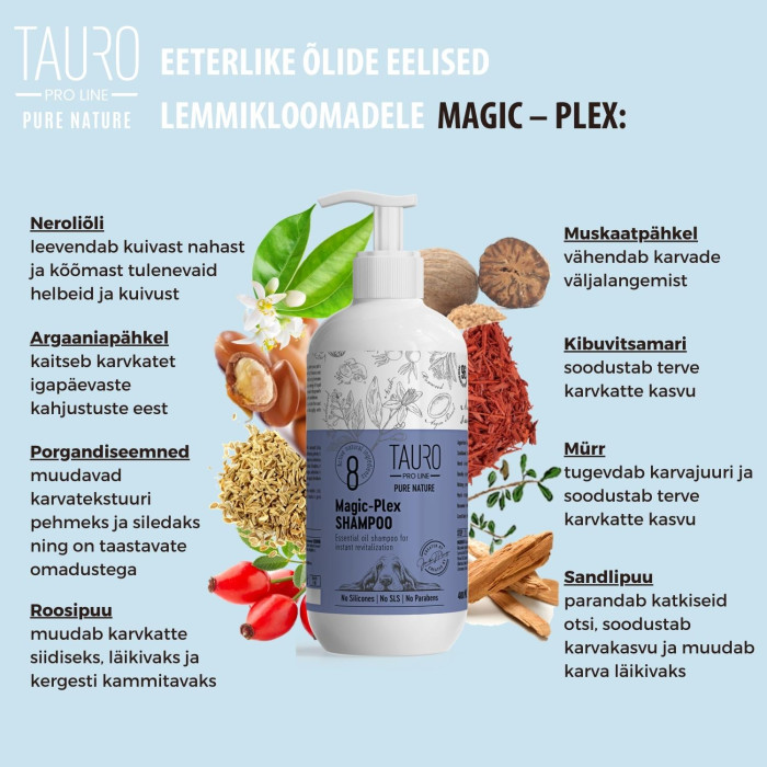 TAURO PRO LINE Pure Nature Magic-Plex, karvkatet taastav šampoon koertele ja kassidele 