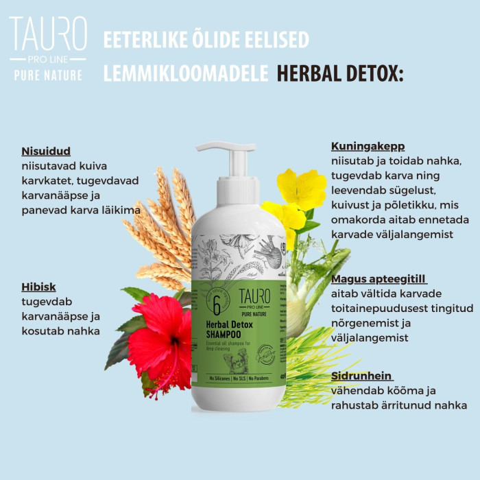 TAURO PRO LINE Pure Nature Herbal Detox, sügavpuhastav šampoon koerte ja kasside karvkattele 