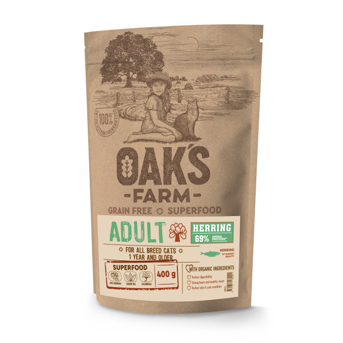 OAK'S FARM сухой беззерновой корм для взрослых кошек, с селедкой 