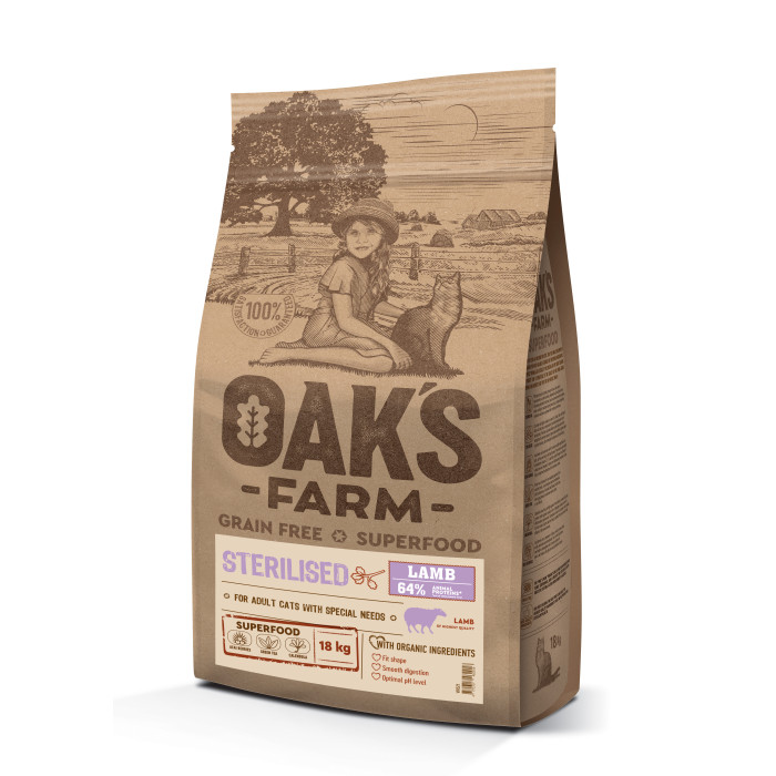 OAK'S FARM сухой беззерновой корм для взрослых стерилизованных кошек, с бараниной  