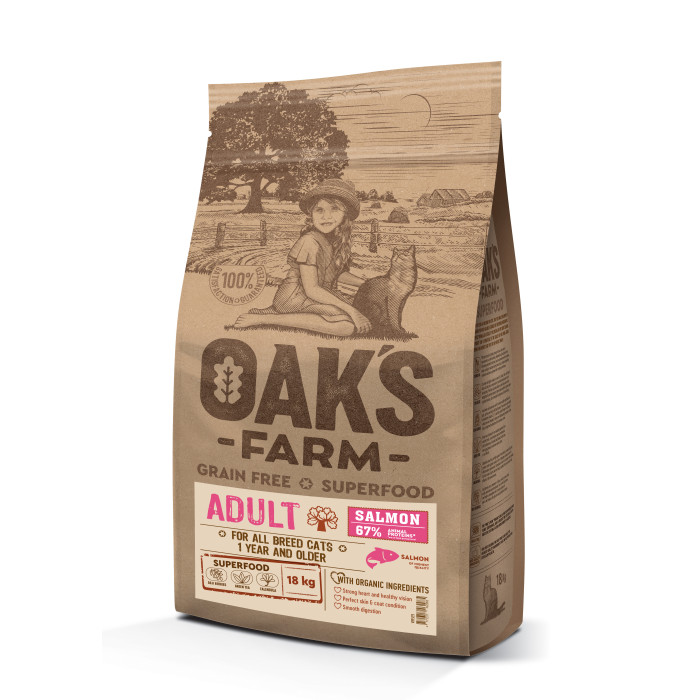 OAK'S FARM сухой беззерновой корм для взрослых кошек, с лососем 