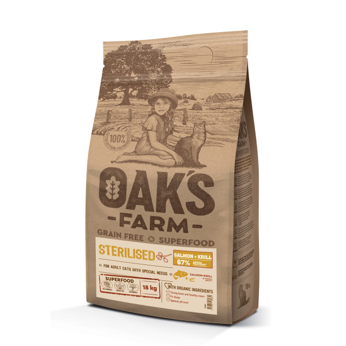 OAK'S FARM teraviljavaba kuivtoit täiskasvanud steriliseeritud kassidele, lõhe ja krilliga 