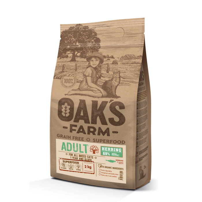 OAK'S FARM сухой беззерновой корм для взрослых кошек, с селедкой 
