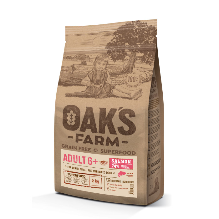 OAK'S FARM teraviljavaba kuivtoit väikest ja minitõugu eakatele koertele, lõhega 