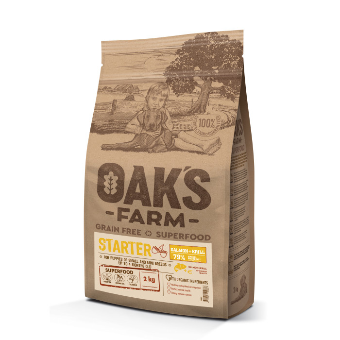 OAK'S FARM teraviljavaba kuivtoit väikest ja mini tõugu kutsikatele, lõhe ja krilliga 