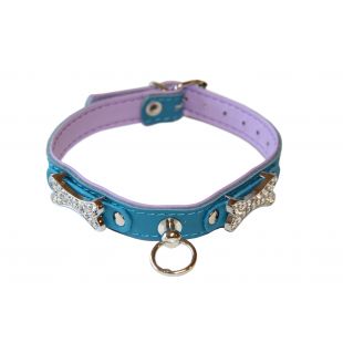 HIPPIE PET Кожаный ошейник для собаки с металлическими украшениями в виде косточек кожаный, 1.2x30 cм, синий/бирюзовый, с 2 металлическими косточками