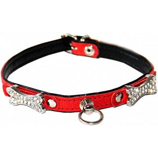 HIPPIE PET Кожаный ошейник для собаки с металлическими украшениями в виде косточек кожаный, 1.2x30 cм, красный/черный, с 2 металлическими косточками