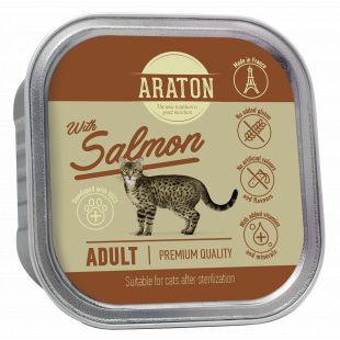 ARATON adult cat with salmon (suitable for sterilised), консервы с лососем для взрослых кошек, подходит для стерилизованных кошек 85 г