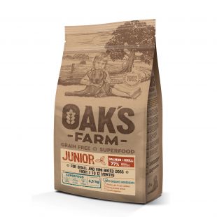 OAK'S FARM teraviljavaba kuivtoit väikest ja väga väikest tõugu noortele koertele, lõhe ja krilliga 6,5 kg