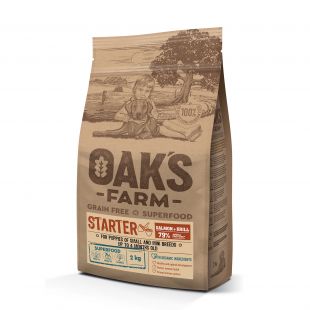 OAK'S FARM teraviljavaba kuivtoit väikest ja mini tõugu kutsikatele, lõhe ja krilliga 2 kg