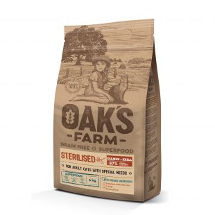 OAK'S FARM teraviljavaba kuivtoit täiskasvanud steriliseeritud kassidele, lõhe ja krilliga 6 kg