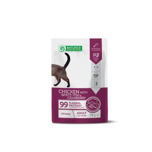 NATURE'S PROTECTION konservsööt kana, valge kala ja jõhvikatega täiskasvanud kassidele, et toetada kuseteid 100 g