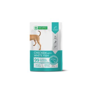 NATURE'S PROTECTION konservsööt kana ja valge kalaga täiskasvanud koertele kehakaalu hoidmiseks 100 g