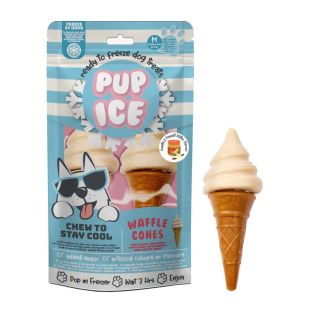 IMAGINELLES Koerte toidulisand – maius Pup Ice, jäätisekujuline "Waffle Cones", 110 g, 2 tk. vanilli ja maapähkli maitsega