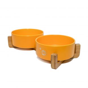 KIKA Двойная миска для домашних животных, керамическая керамическая, желтая, 400+400 мл