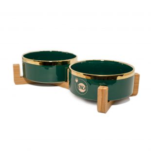 KIKA Двойная миска для домашних животных, керамическая темно-зеленая с каемкой золотого цвета, 400+400 мл