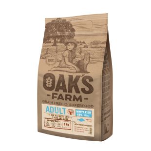 OAK'S FARM сухой беззерновой корм для взрослых кошек, с белой рыбой 2 kg