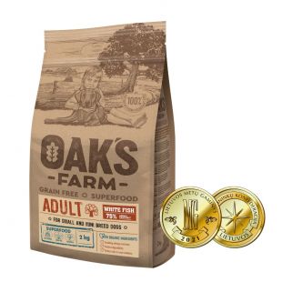OAK'S FARM teraviljavaba kuivtoit täiskasvanud väikestele ja üliväikestele koeratõugudele, valge kalaga 2 kg