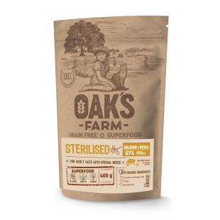 OAK'S FARM teraviljavaba kuivtoit täiskasvanud steriliseeritud kassidele, lõhe ja krilliga 400 g
