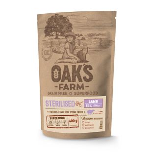 OAK'S FARM сухой беззерновой корм для взрослых стерилизованных кошек, с бараниной  400 г