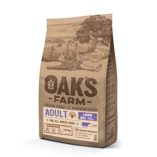 OAK'S FARM teraviljavaba kuivtoit kõigile täiskasvanud koeratõugudele, lambalihaga 12 kg