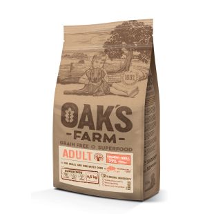 OAK'S FARM teraviljavaba kuivtoit täiskasvanud väikestele ja üliväikestele koeratõugudele, lõhe ja krilliga 6,5 kg