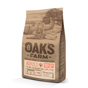 OAK'S FARM teraviljavaba kuivtoit täiskasvanud väikestele ja üliväikestele koeratõugudele, lõhe ja krilliga 2 kg x 4
