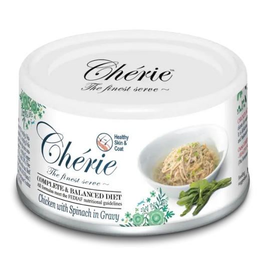 Cherie консервированный корм для кошек для поддержания здоровья шерсти, с тунцом и шпинатом в соусе