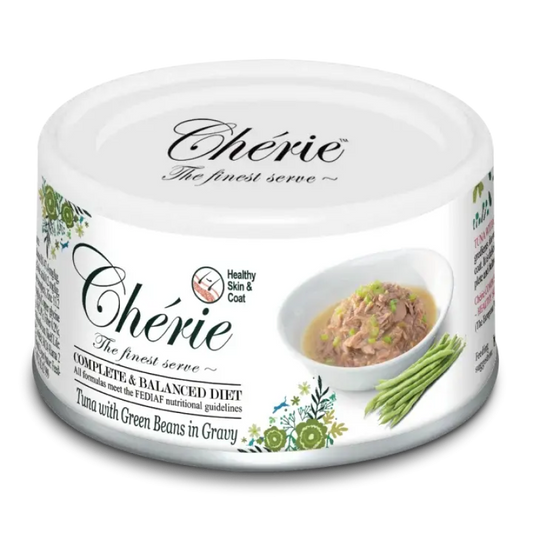 Cherie консервированный корм для кошек для поддержания здоровья шерсти, с курицей, шпинатом и стручковой фасолью в соусе