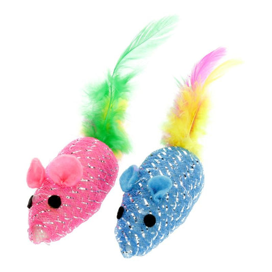 Hippie Pet игрушка для кошек, мышки с перышком, пестрые, 2 шт.