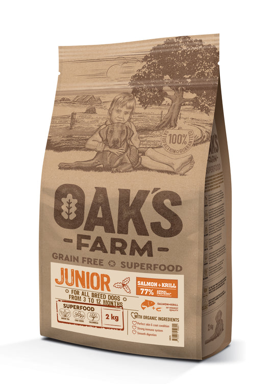 OAK'S FARM Grain Free Salmon with Krill Junior All Breed Dogs 12 kg, teraviljavaba täissööt lõhe ja krilliga kõikidele noortele ko