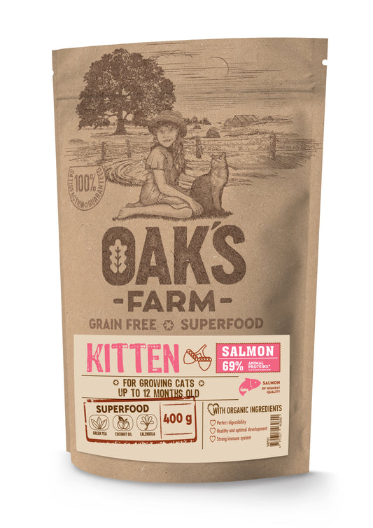 Oak's Farm сухой беззерновой корм для котят, с лососем
