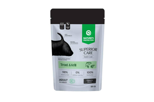 Teraviljavaba märg täissööt forelli ja krilliga täiskasvanud kõikide tõugude koertele, kellel on tume karvkatte