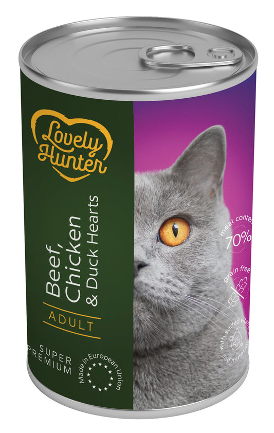 Täiskasvanud kasside konservtoit veise-, kana- ja pardisüdamega