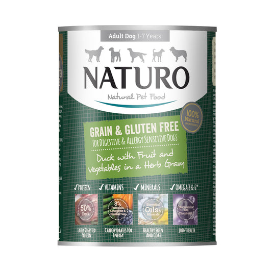Naturo 390g Grain Free pardilihaga, mustikatega, kõrvitsaga ja suvikõrvitsaga ürdikastmes, koerte Märg täissööt MR