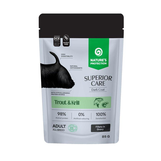 Teraviljavaba märg lemmikloomatoit forelli ja krilliga täiskasvanud kõikide tõugude koertele, kellel on tume karvkatte