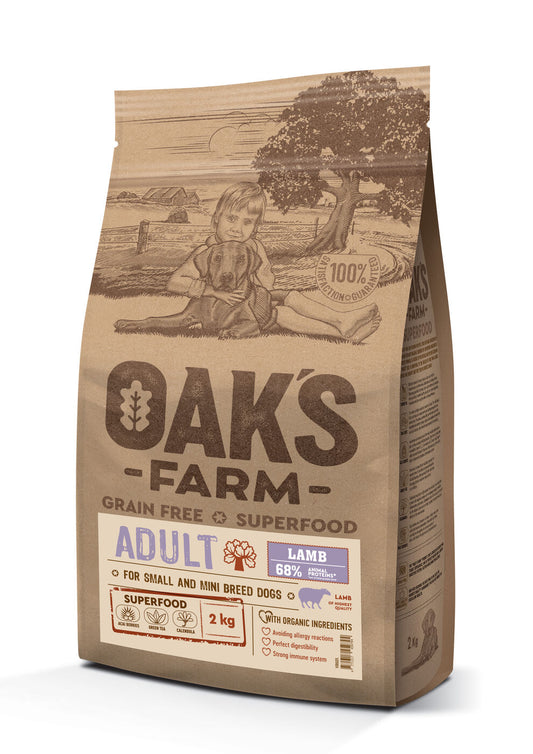 Oak's Farm сухой беззерновой корм для взрослых собак маленьких и миниатюрных пород, с бараниной