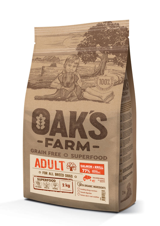 Oak's Farm сухой беззерновой корм для взрослых собак всех пород, с лососем и крилем