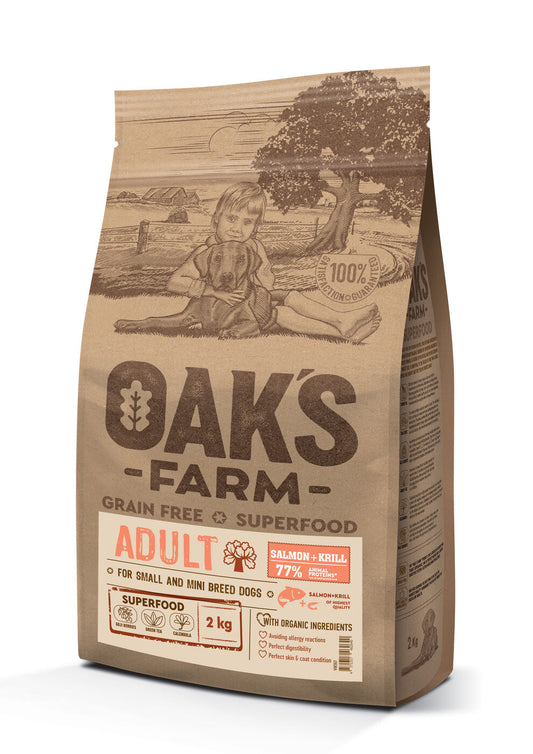 Oak's Farm сухой беззерновой корм для взрослых собак маленьких и миниатюрных пород, с лососем и крилем