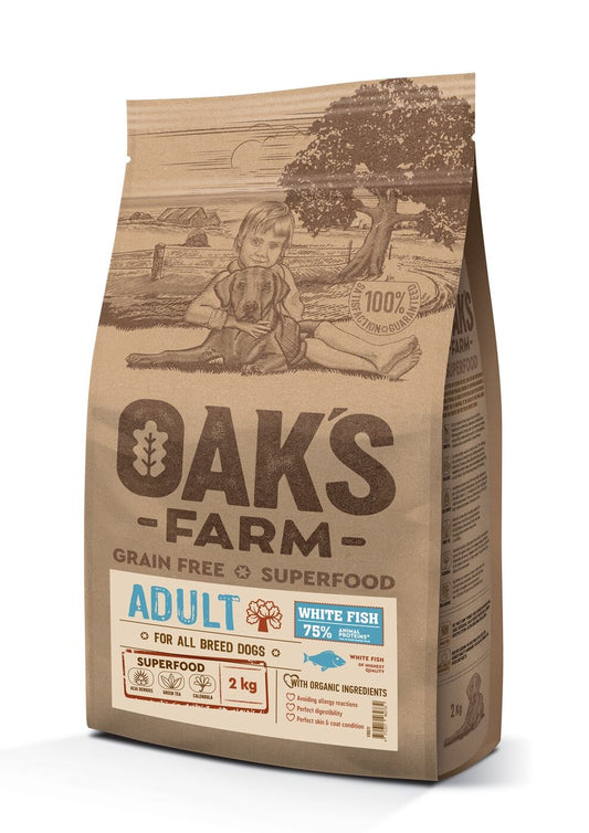 Oak's Farm сухой беззерновой корм для взрослых собак всех пород, с белой рыбой