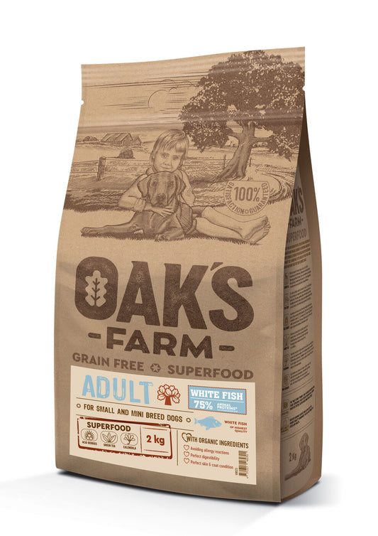 Oak's Farm сухой беззерновой корм для взрослых собак маленьких и миниатюрных пород, с белой рыбой