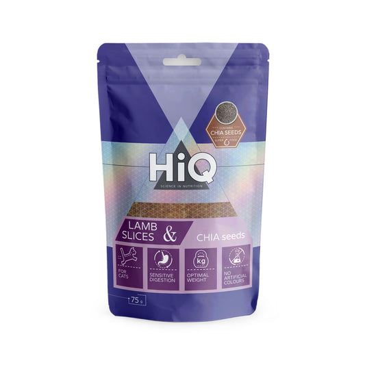 HiQ kasside täiendsööt lambaliha ribad Hispaania salvei seemnetega, 75 g