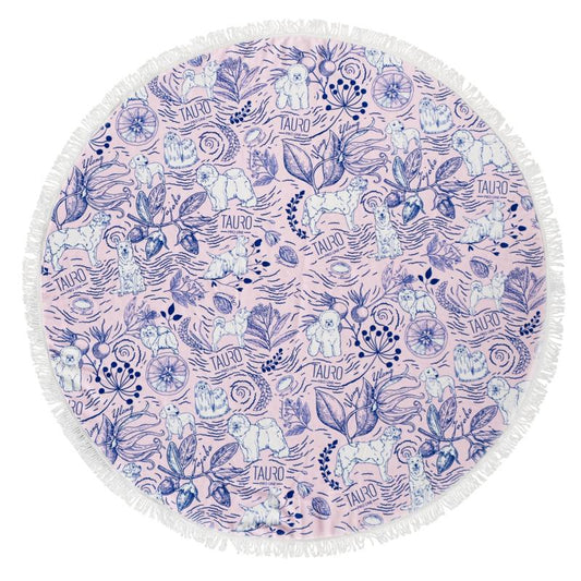 Tauro Pro Line круглое полотенце из микрофибры, уникальный дизайн, розовое, с синими деталями и бахромой