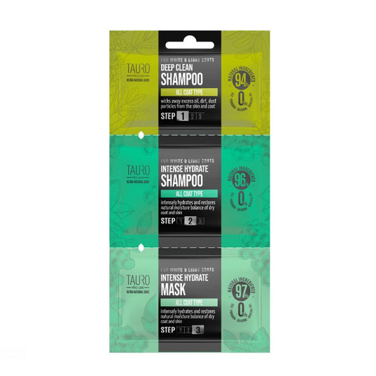 Koerte ja kasside valge ja heleda karvkatte ning naha šampoonide ja maskide proovikomplekt