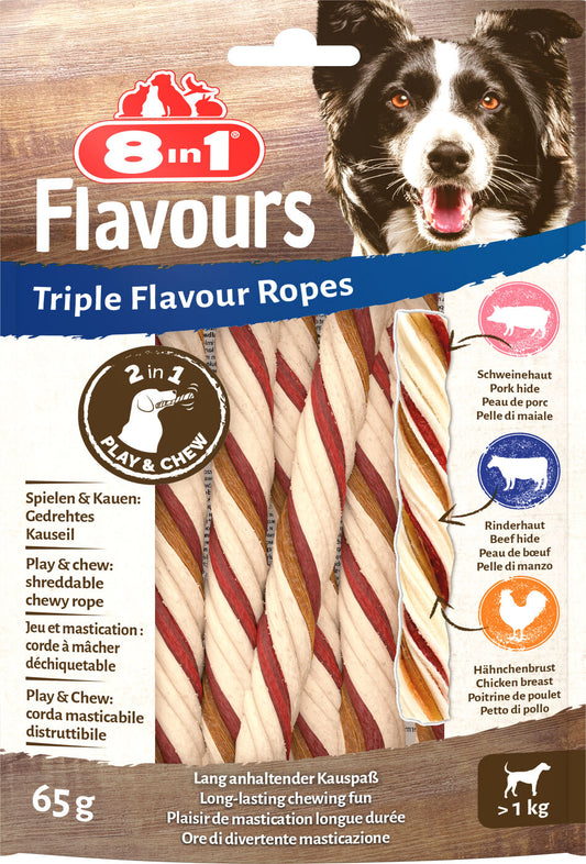 8In1 Triple Flavour пищевые добавки- лакомства для собак, с говядиной, курятиной и индюшатиной, в форме веревки