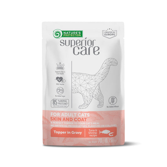 Nature's Protection Superior Care консервированная пищевая добавка для взрослых кошек всех пород, для поддержания здоровья шерсти и кожи, с тунцом и креветками